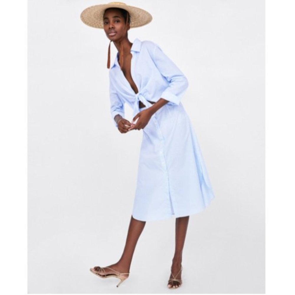 Zara Poplin Dress Tie Front Striped Blogger Fav M - Picture 3 of 13